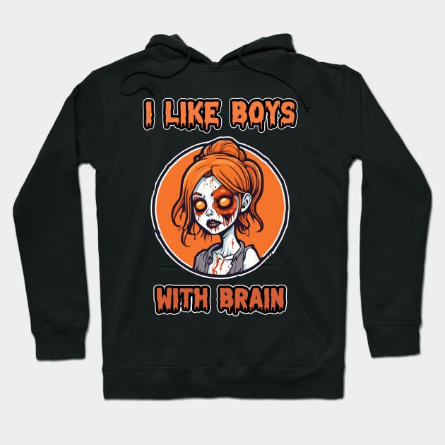 Zombie Girl Orange Pumpkin Color "I Like Boys With Brain" Cute Retro Hoodie by ShyPixels Arts